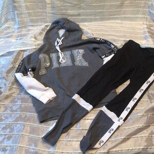 PINK Victoria's Secret Gray & Black Logo Hoodie and Joggers Set